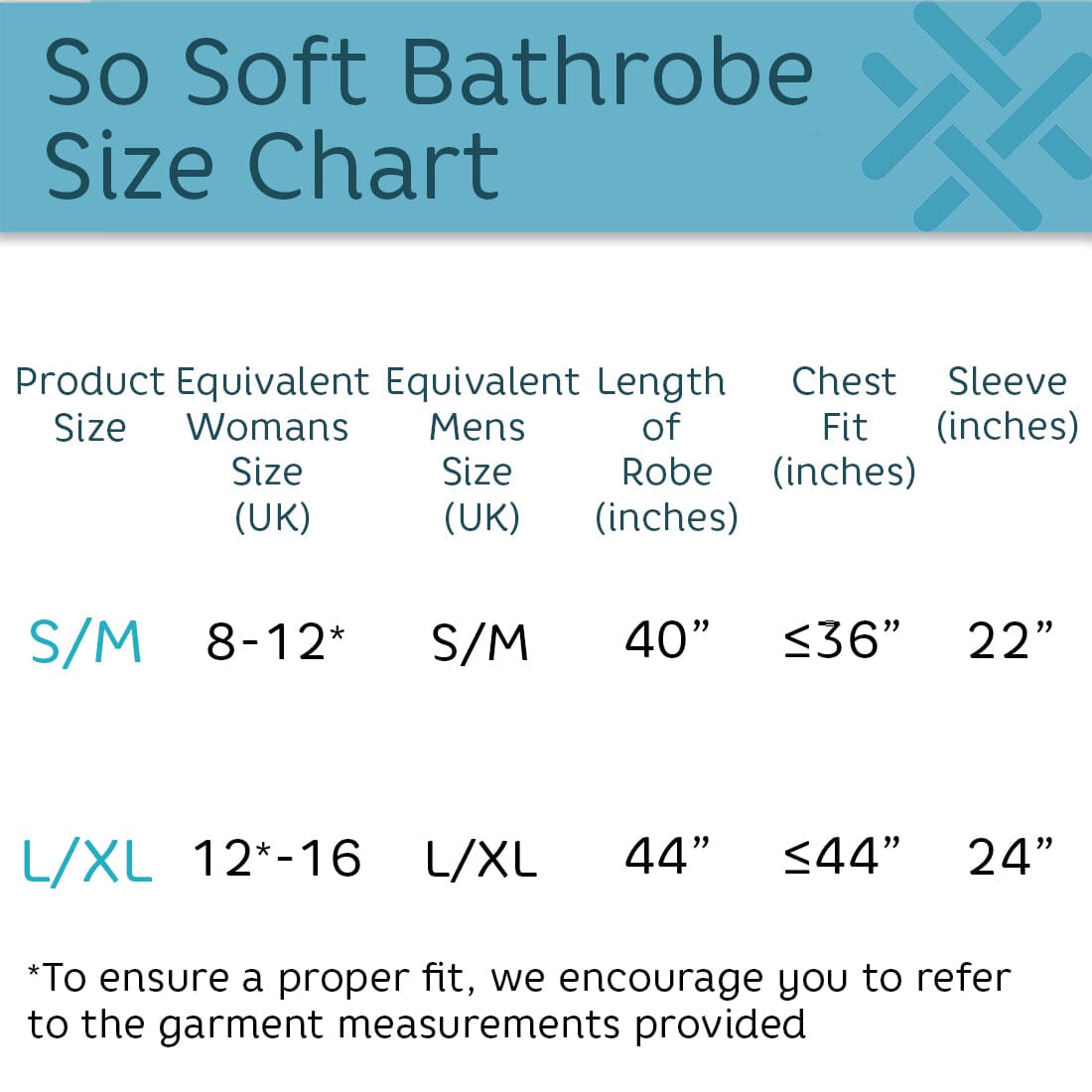 Infographic size chart for so soft dressing gown