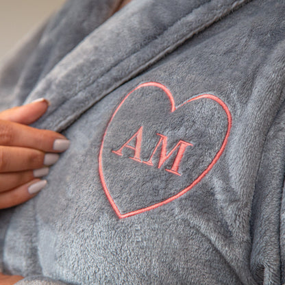 A closeup of a Personalised Super Soft heart Monogrammed Robe in slate