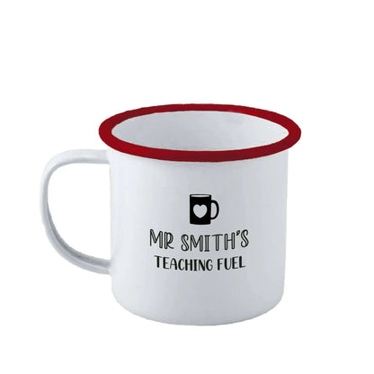 Personalised Teacher Fuel Enamel Mug - Duncan Stewart 1978 Enamel-White-with-Red-Rim Duncan Stewart 1978