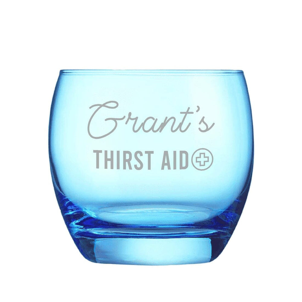 Personalised Thirst Aid Blue Whisky Glass White Backdrop