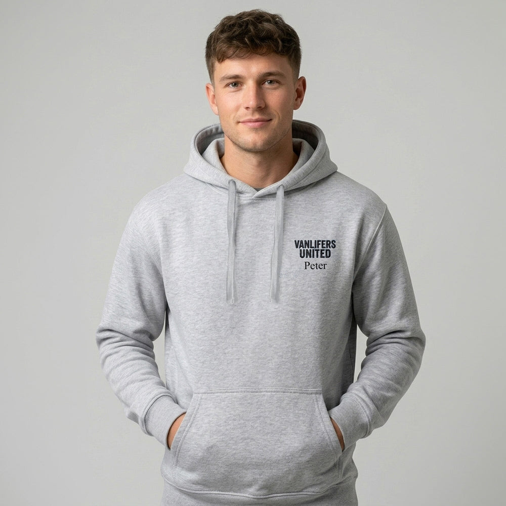 Grey hoodie with personalised Vanlifers United embroidery to the left chest worn by a male