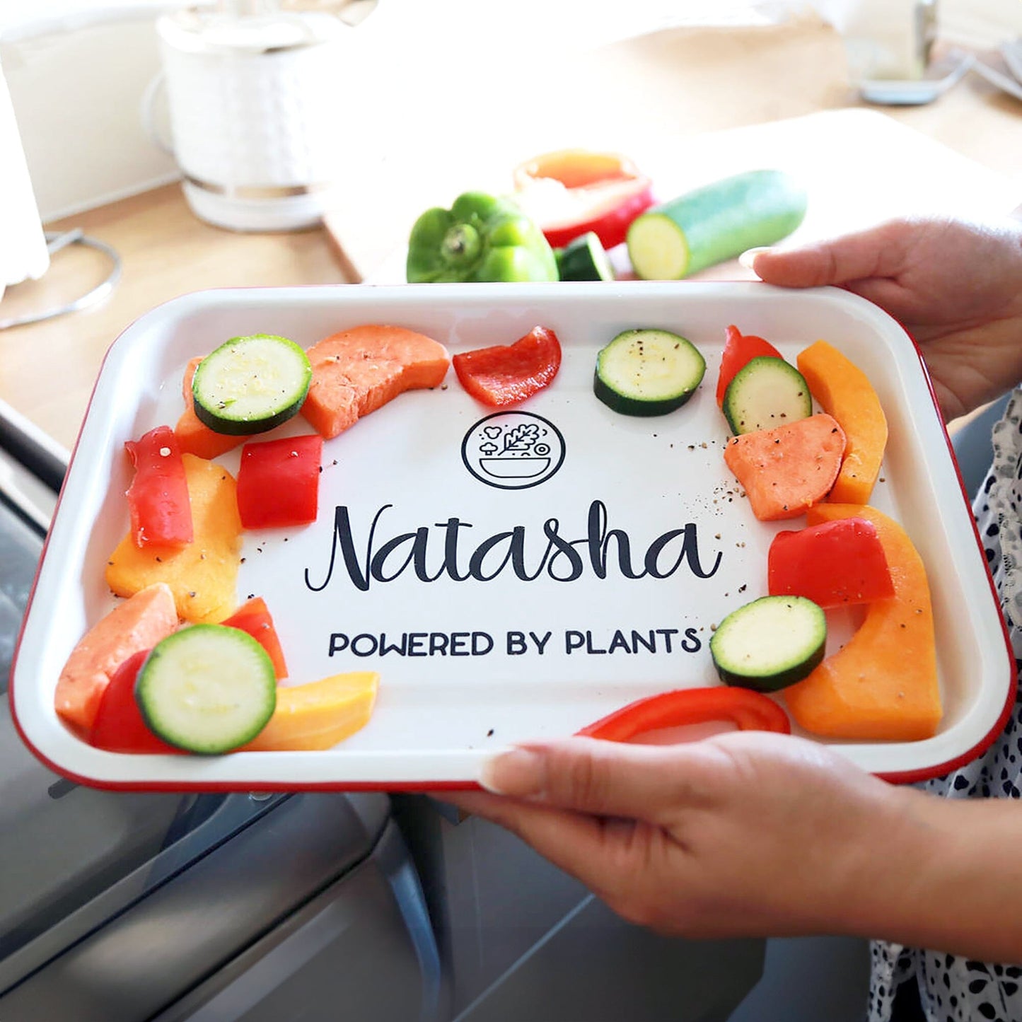 Personalised Vegan Enamel Serving Tray with vegetables