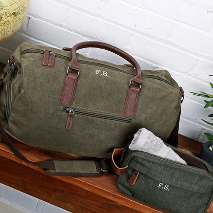 Personalised Vintage Canvas Weekend Holdall Bag With Matching Wash Bag