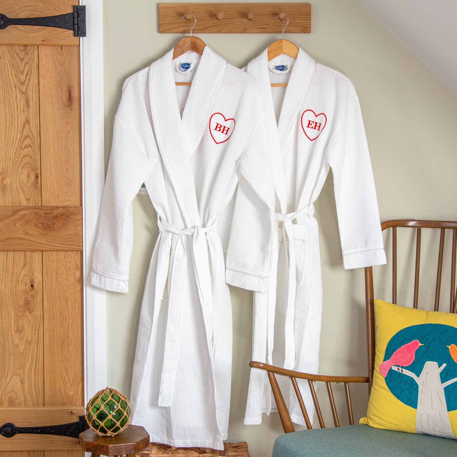 a couple of Personalised Waffle Style Monogrammed Robe with a heart monogram