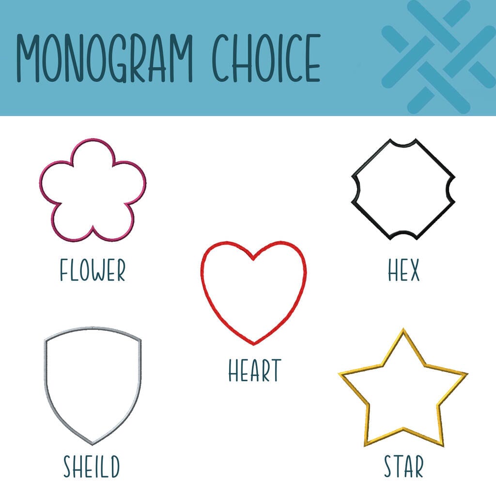 Infographic showing options of monograms available. Flower, Hex, Heart, Sheild and Star