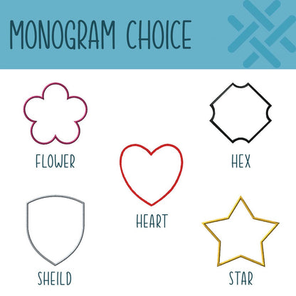 Infographic showing options of monograms available. Flower, Hex, Heart, Sheild and Star