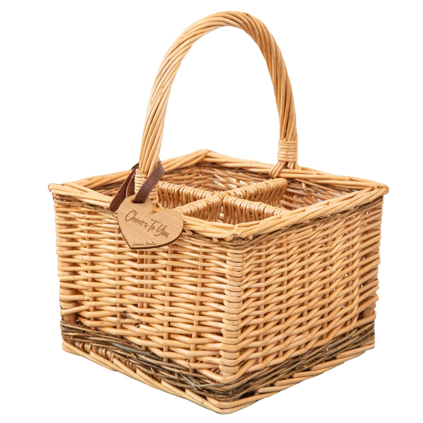 A personalised wicker wine carrier basket on white backdrop. Featuring a heart-shaped personalised cherry wood veneer tag