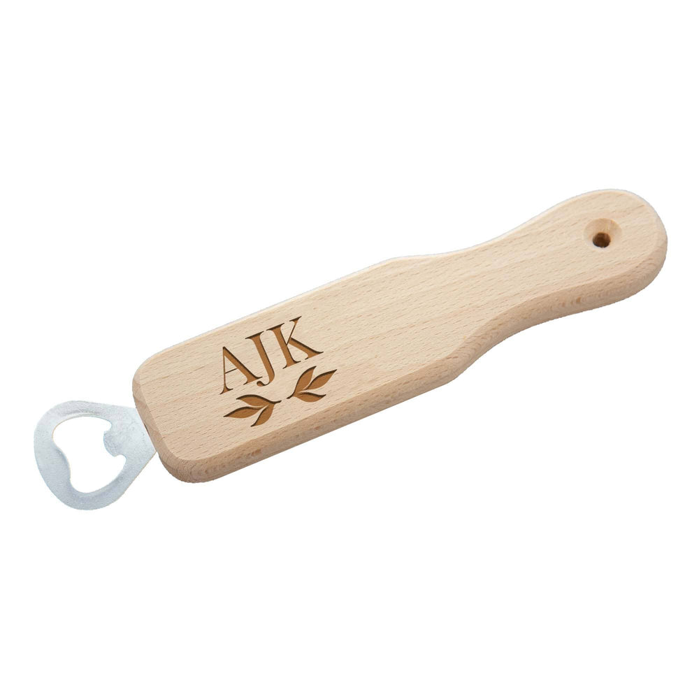 Personalised Wooden Bottle Opener With Initials on white backdrop