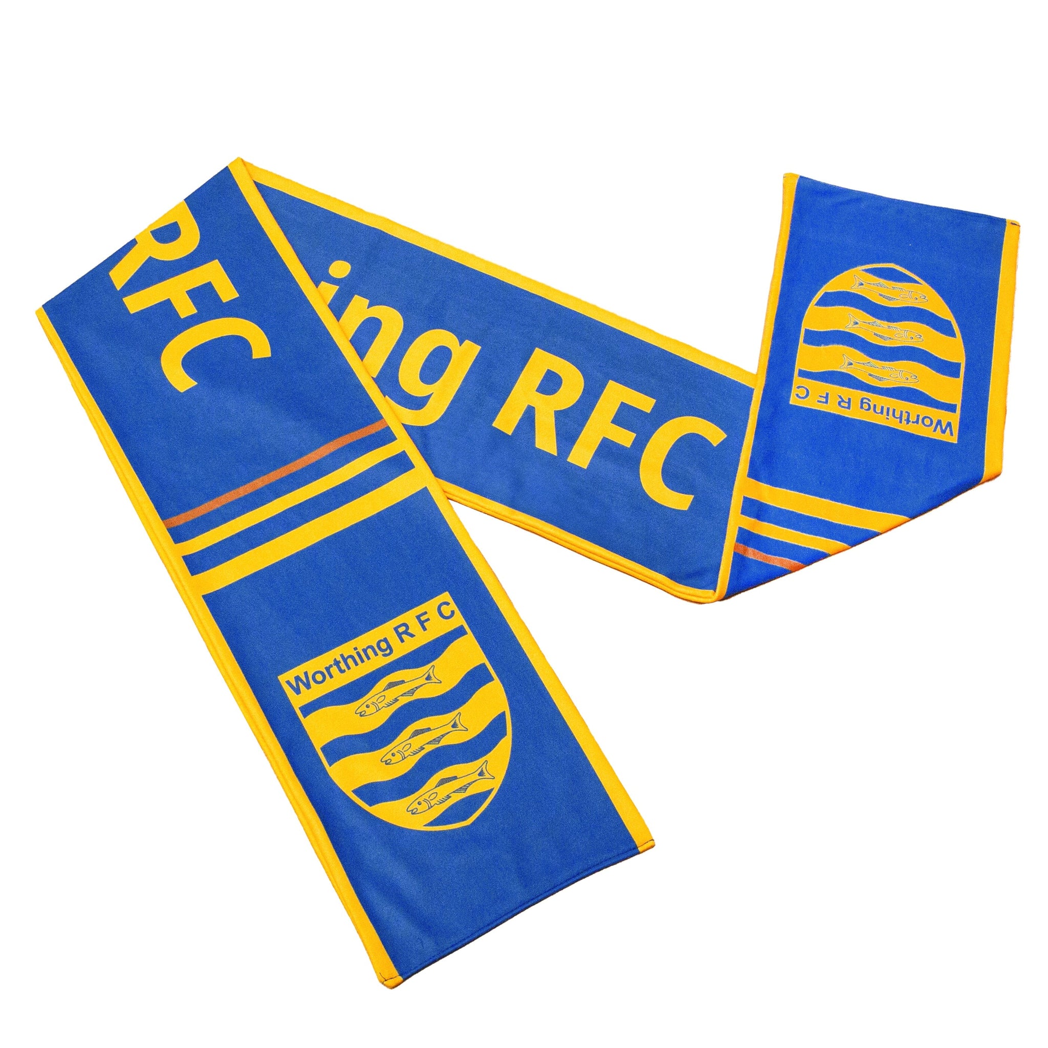Blue scarf with yellow text and logo, featuring Worthing RFC branding.