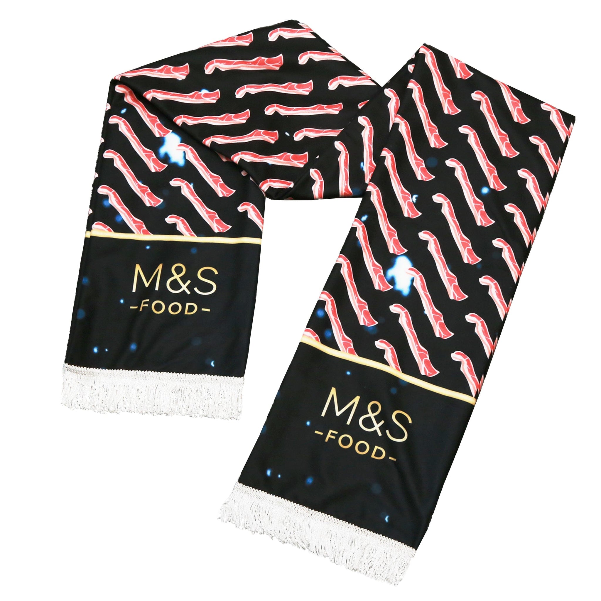 Scarf with bacon pattern and M&S Food branding on a white background