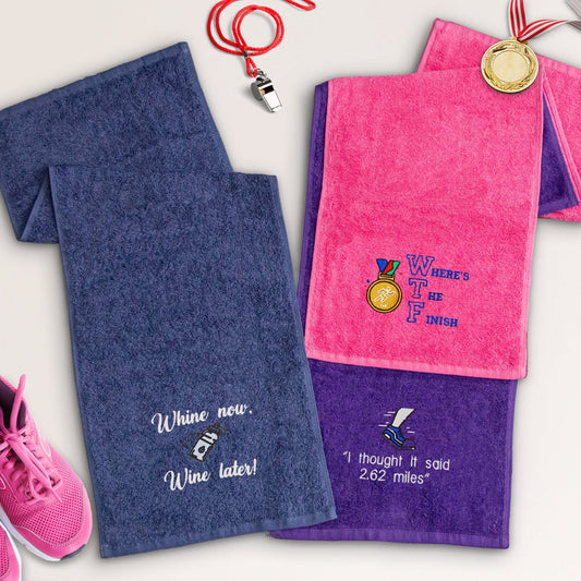 Towels with embroidered running logos