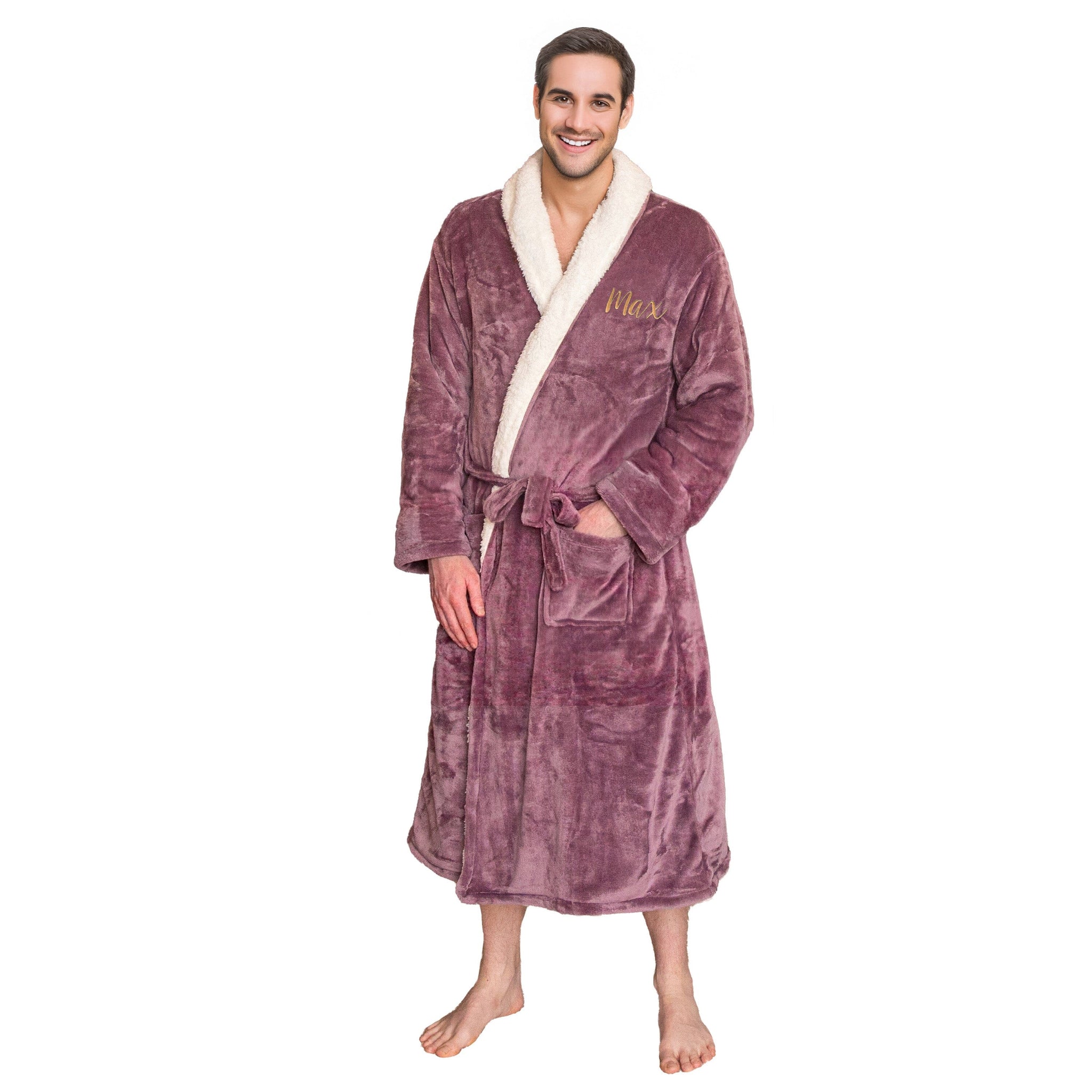 Man wearing a plush personalised sherpa robe with embroidery on it against a white background