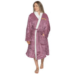 Woman wearing a sherpa Lavender robe with embroidered sparkle zodiac name, white lining on a white background