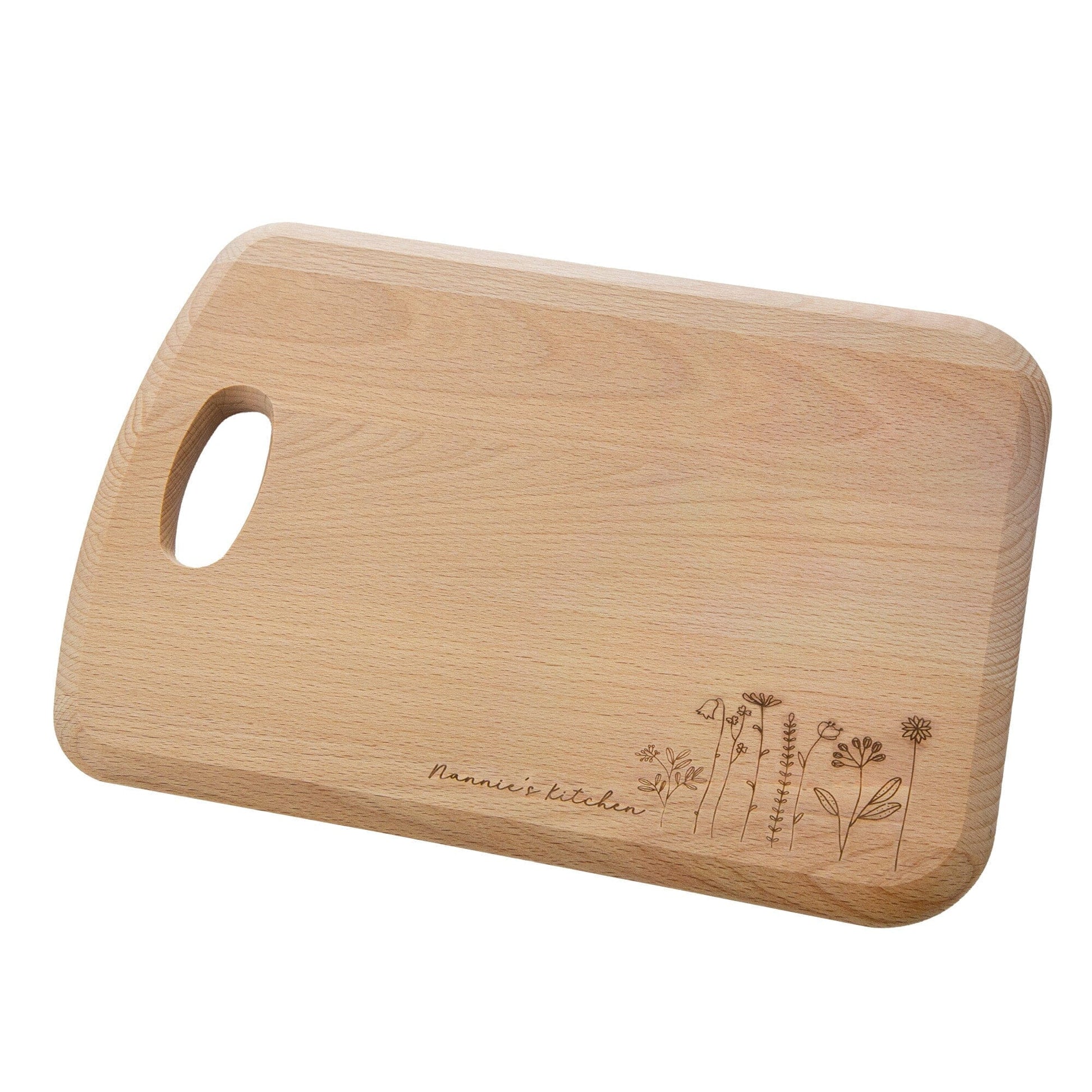 Personalised Spring floral beech chopping board white backdrop