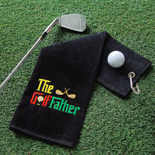 Lifestyle image of a Black Embroidered Golf Father Golf Towel