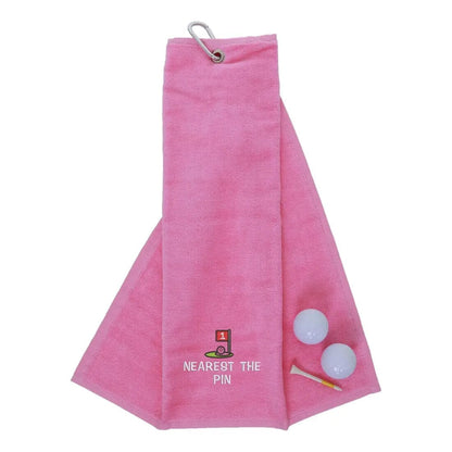 Tri-Fold Golf Towel Embroidered For Nearest The Pin Competition Pink  