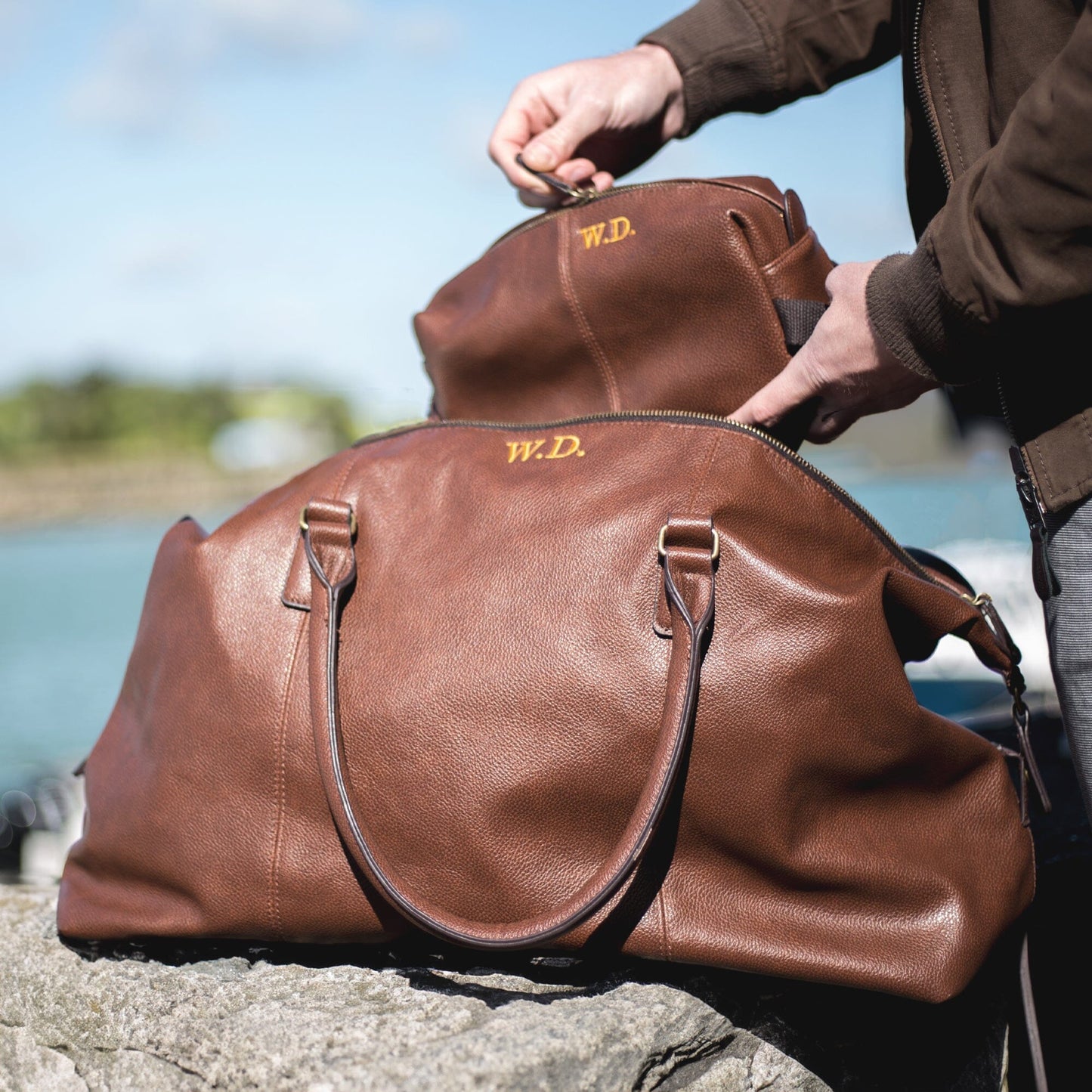 Personalised vintage holdall and wash bag set brown outdoor