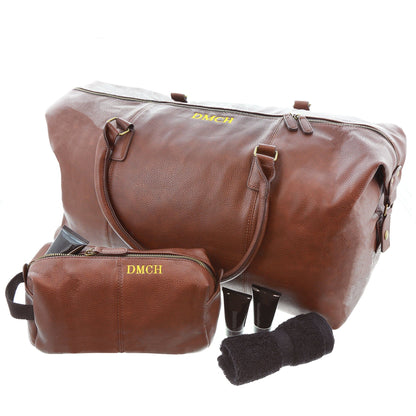 Vintage Travel Luggage Set in Tan Brown with a matching washbag and toiletries