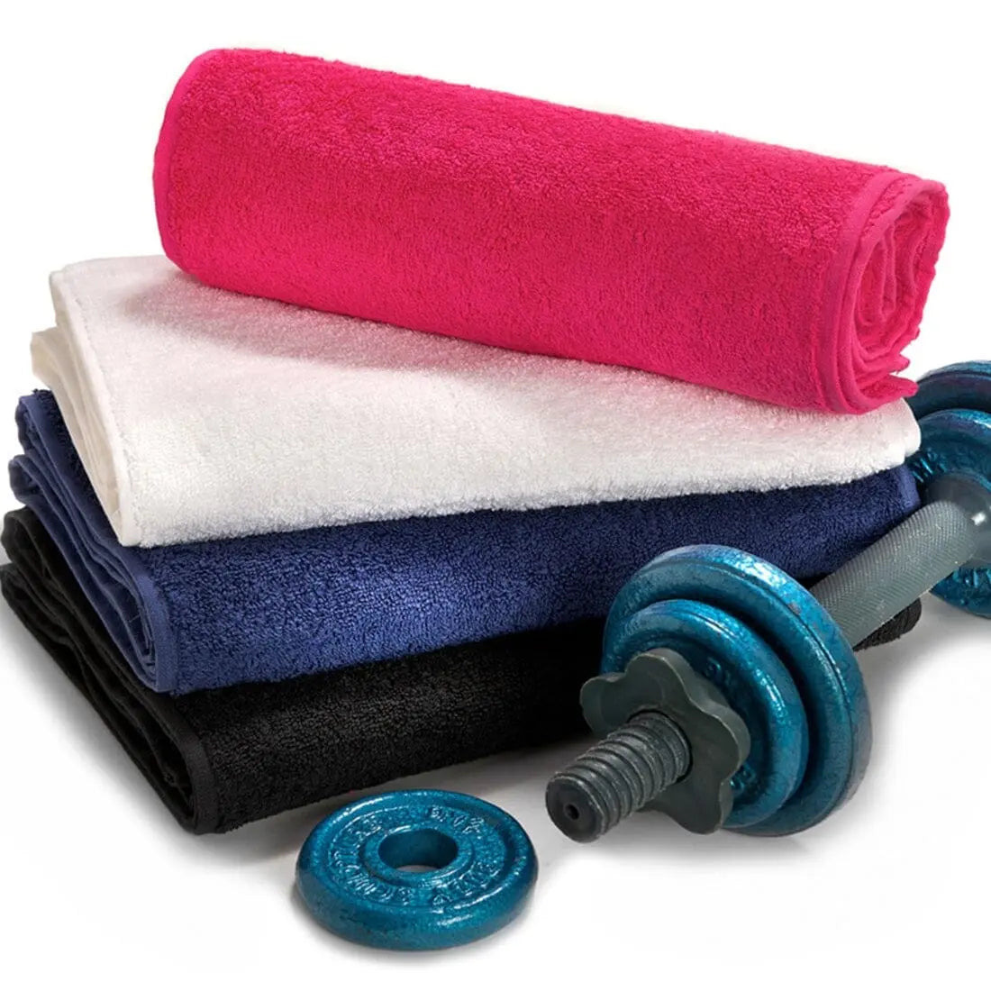 Bale of multiple gym towel colours with a dumbbell