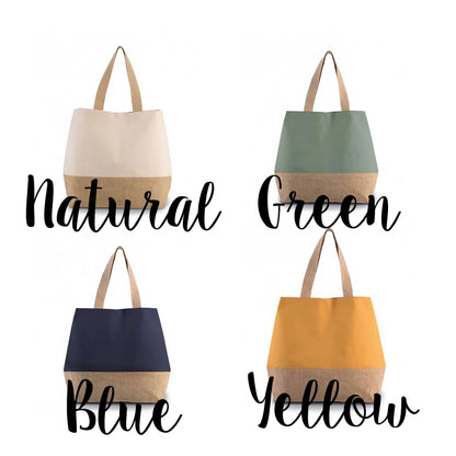 canvas jute shopping bag in four colourways - natural, green, navy blue and yellow