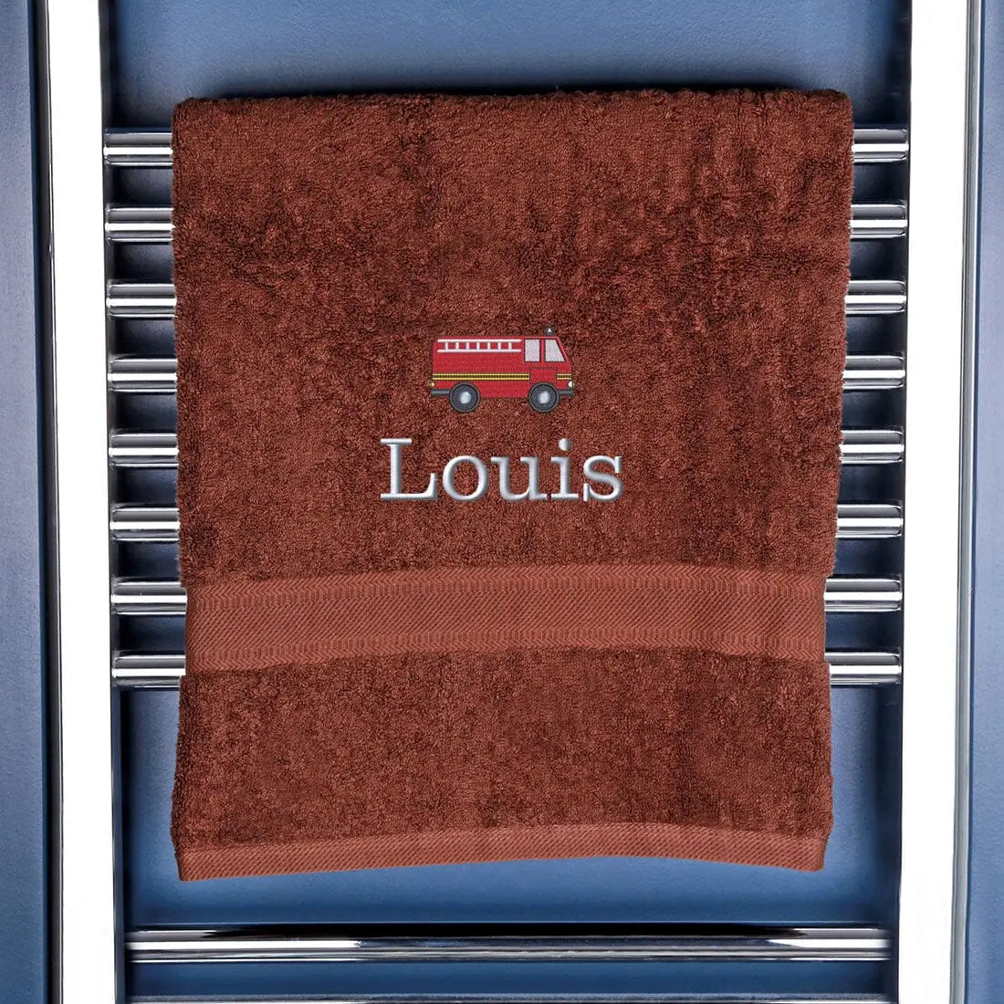 Children's Personalised Fire Engine Bath Towel Egyptian - Chocolate  