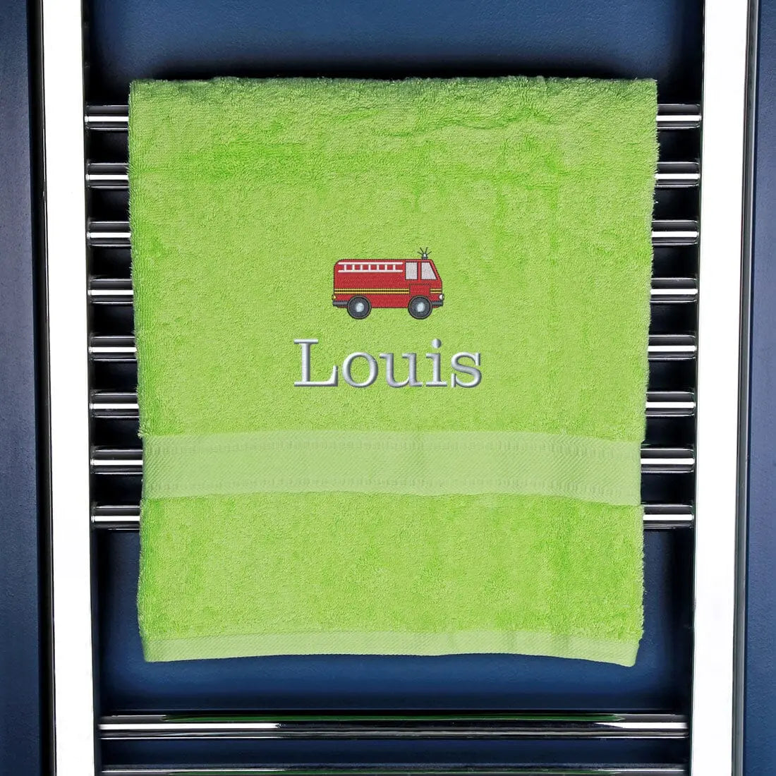 Children's Personalised Fire Engine Bath Towel Egyptian - Lime  
