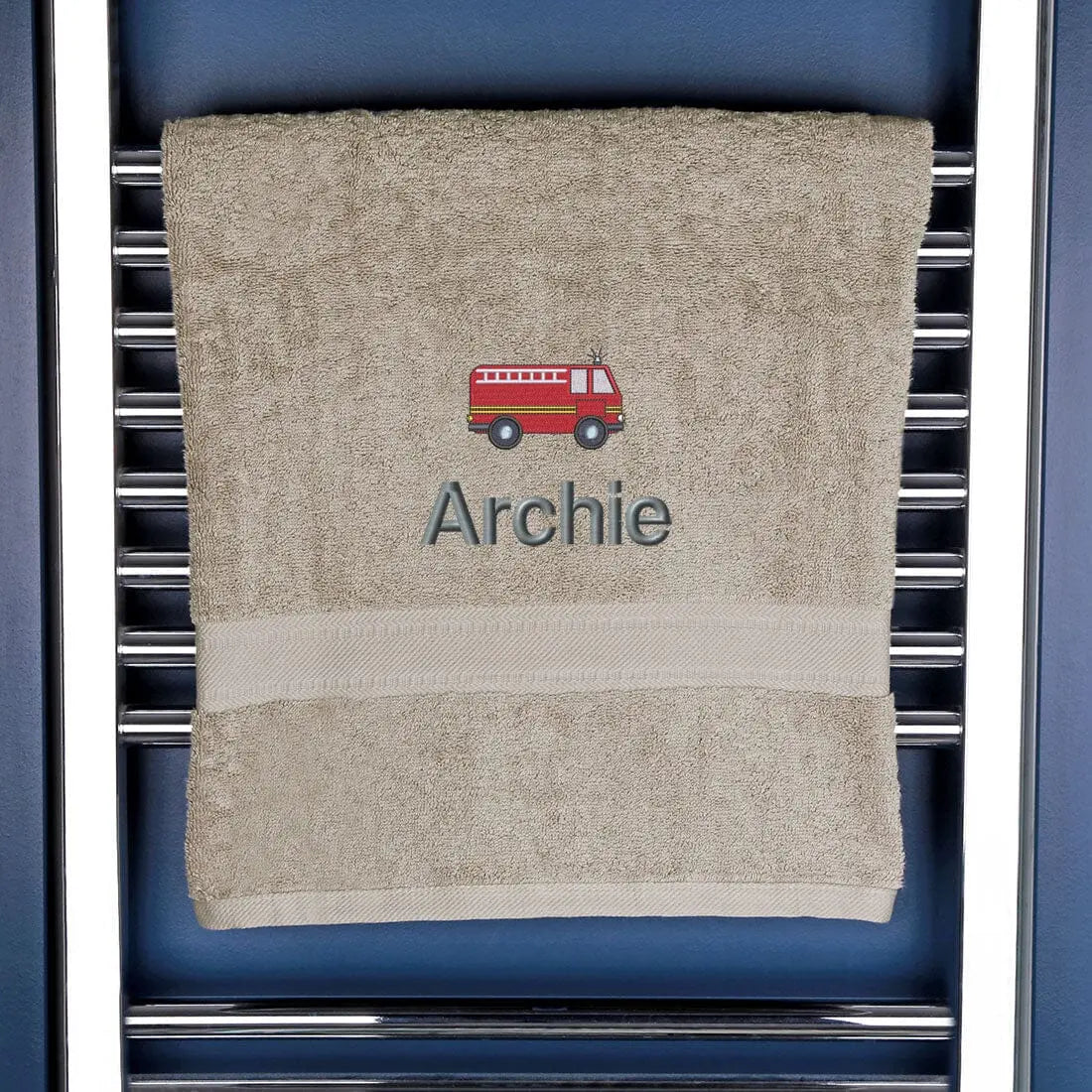 Children's Personalised Fire Engine Bath Towel Egyptian - Natural  