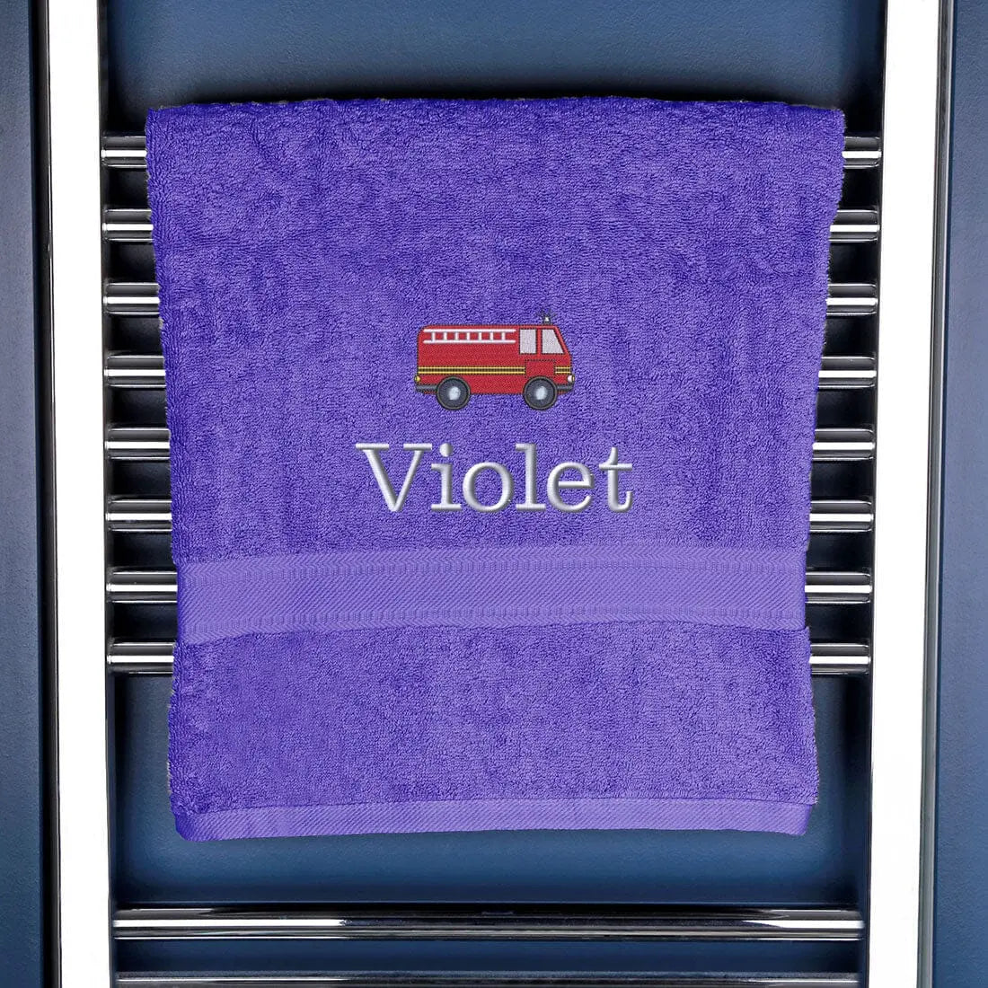 Children's Personalised Fire Engine Bath Towel Egyptian - Purple  