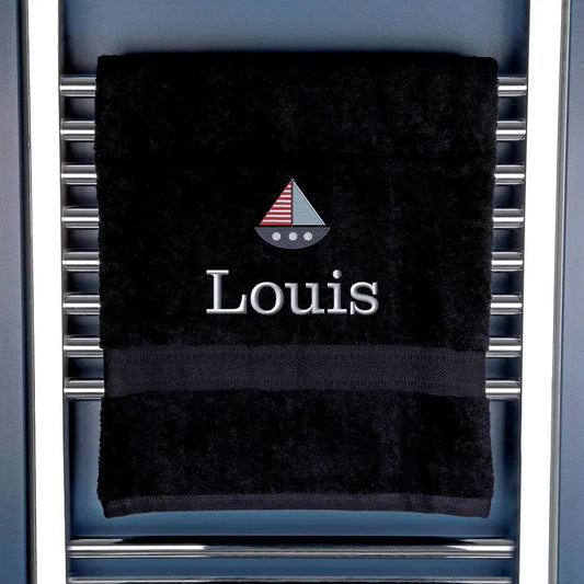 Children's Personalised Sailing Boat Bath Towel Egyptian - Black  