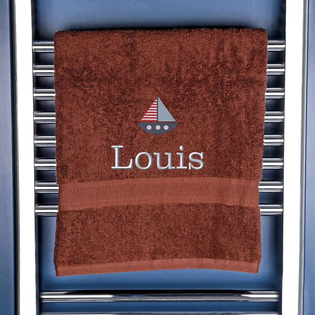 Children's Personalised Sailing Boat Bath Towel Egyptian - Chocolate  