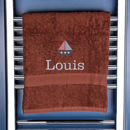 Children's Personalised Sailing Boat Bath Towel Egyptian - Chocolate  