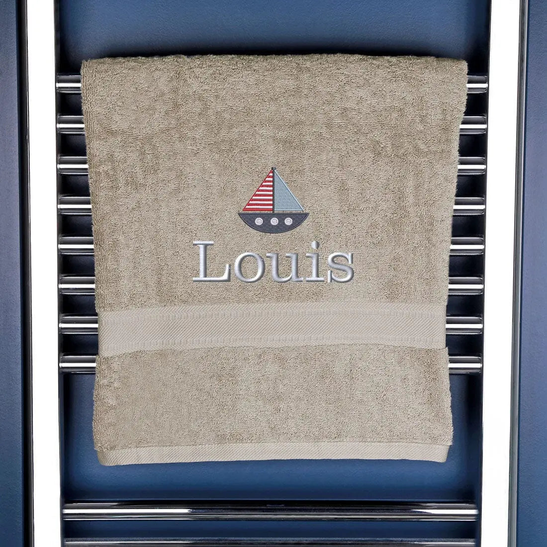 Children's Personalised Sailing Boat Bath Towel Egyptian - Natural  