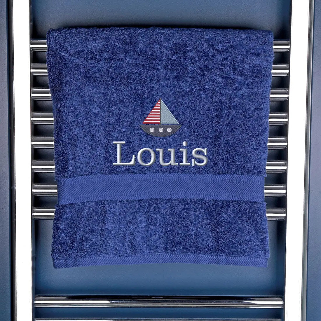 Children's Personalised Sailing Boat Bath Towel Egyptian - Navy  