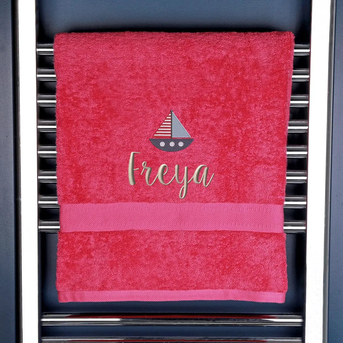 Children's Personalised Sailing Boat Bath Towel Egyptian - Pink  