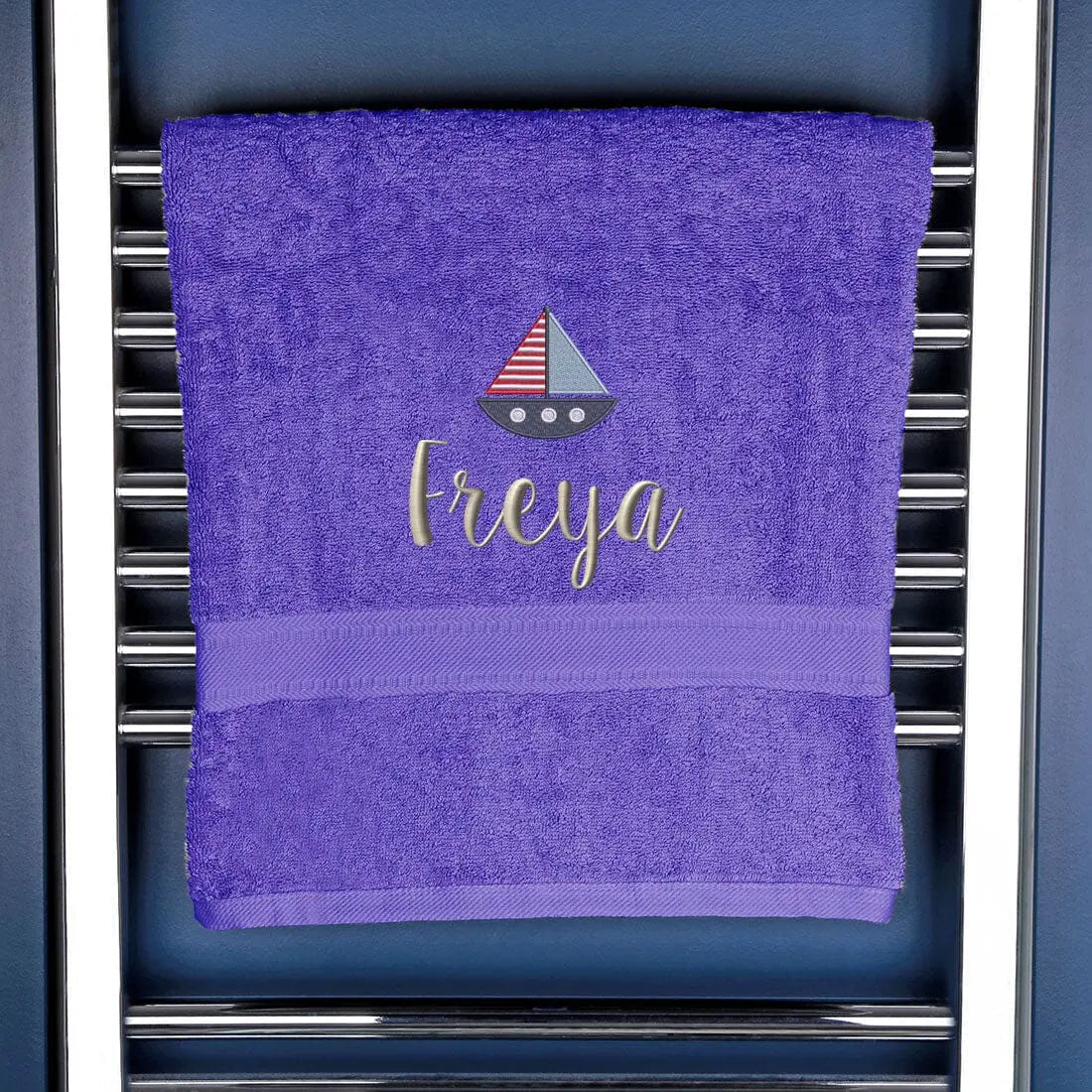 Children's Personalised Sailing Boat Bath Towel Egyptian - Purple  