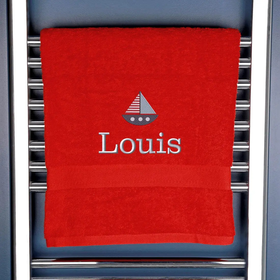Children's Personalised Sailing Boat Bath Towel Egyptian - Red  
