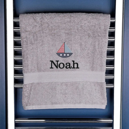Children's Personalised Sailing Boat Bath Towel Egyptian - Silver  