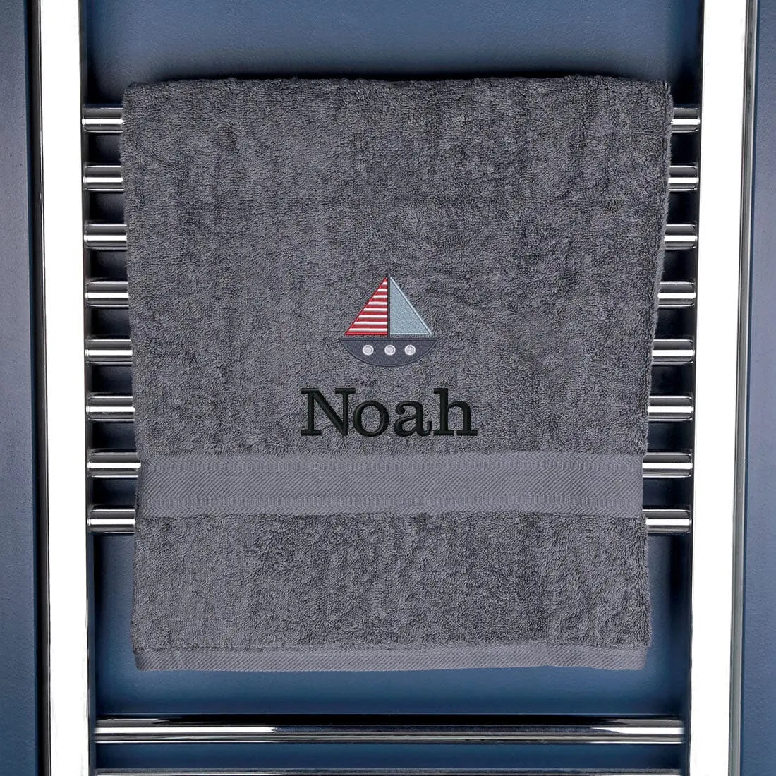 Children's Personalised Sailing Boat Bath Towel Egyptian - Slate  