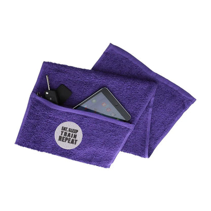 gym towel in purple with training design embroidered