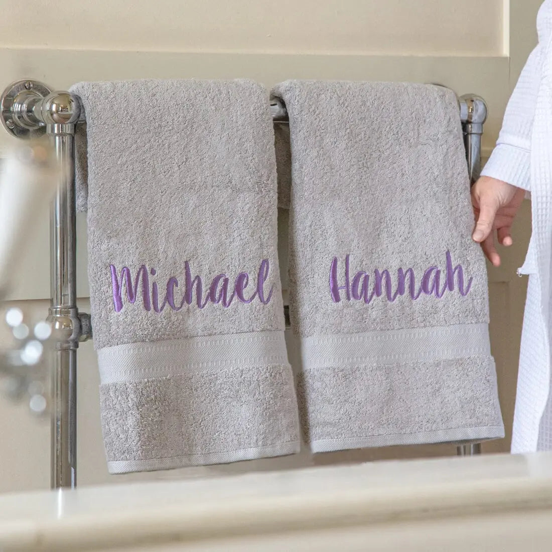 silver bath linen set for couples, personalised with names
