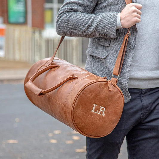 Faux Leather Barrel Bag With Initials   