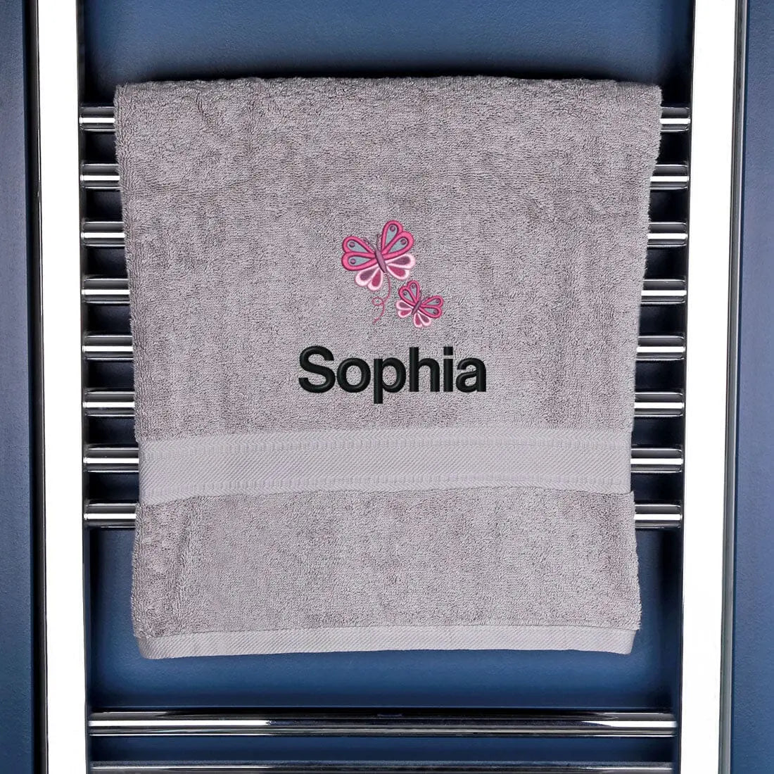 Girl's Personalised Butterfly Bath Towel Egyptian - Silver  