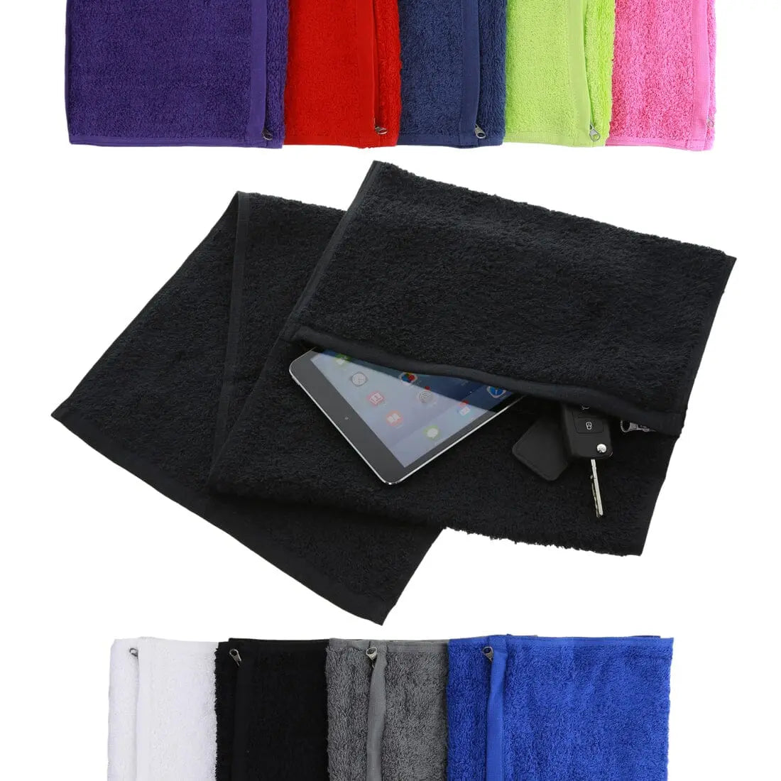 zipped sports towel in black with an ipad and keys in the pocket
