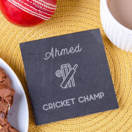 Personalised Cricket Champ Slate Coaster   