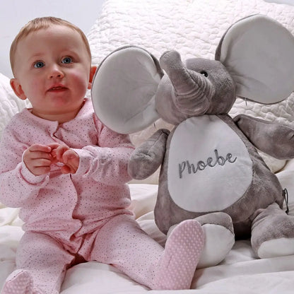 Personalised Cuddly Elephant Teddy next to a toddler   