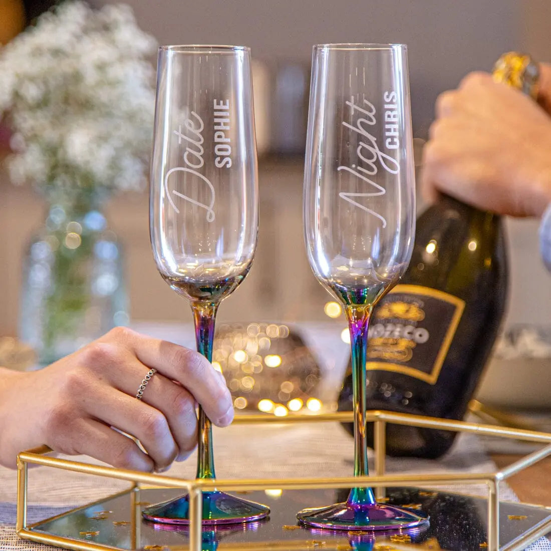 Personalised Date Night Metallic Champagne Flute Set   