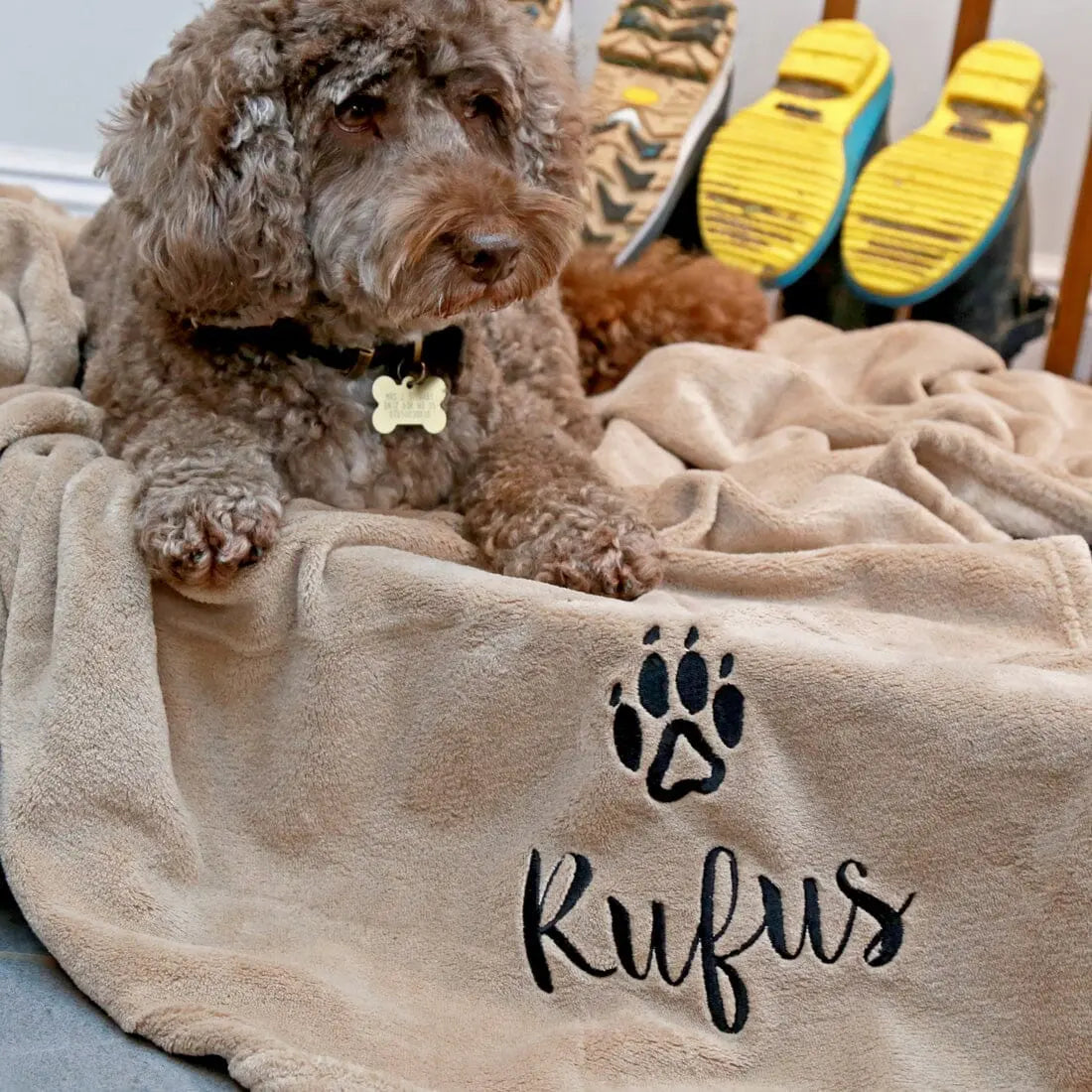 Stone coloured dog blanket with Rufus embroidered underneath a paw print. Rufus is enjoying the blanket.