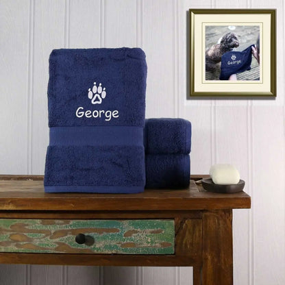 Personalised Dog Towel Aztex Combed Cotton - Navy  
