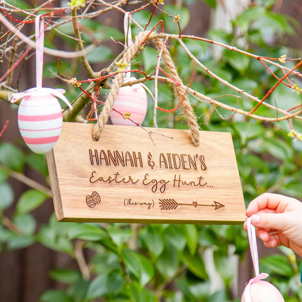 Personalised Easter Egg Hunt Wooden Sign hanging outdoor