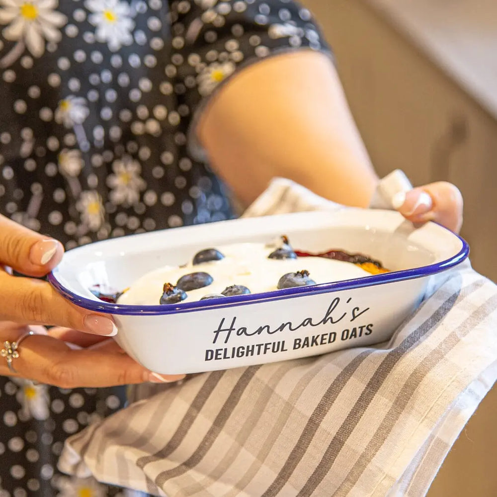 Personalised Enamel Serving Dish with blueberry dessert 